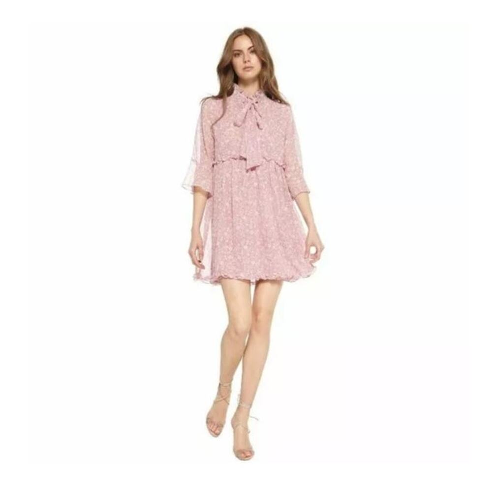 MISA LOS ANGELES Mia Babydoll Mini Dress Pink White Floral P---y Bow Neck size S